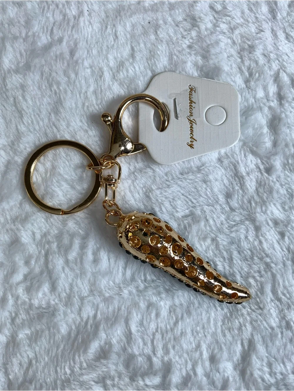 Fashion Jewelry Gold Key Ring with Dark Green Crystal Charm